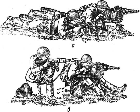 Положение для стрельбы из гранатомета: а – лежа; б – сидя (помощник наводчика – с колена_