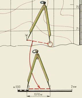 Измерение на карте расстояний циркулем-измерителем по линейному масштабу